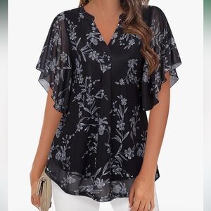 Timeson Women's Short Sleeve V Neck Blouse Floral Tunic top, XXL. NWT. Black